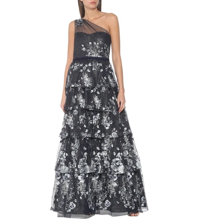 Shop Marchesa Notte Embroidered Tulle Gown In Blue