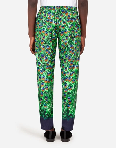 Shop Dolce & Gabbana Silk Pajama Pants With Peacock Print In Multicolor