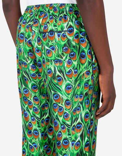 Shop Dolce & Gabbana Silk Pajama Pants With Peacock Print In Multicolor