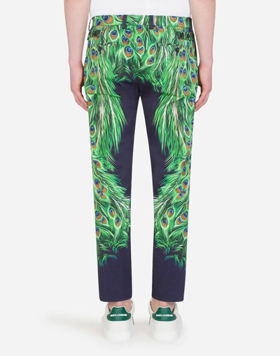 Shop Dolce & Gabbana Stretch Cotton Pants With Peacock Print In Multicolor