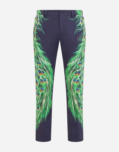 Shop Dolce & Gabbana Stretch Cotton Pants With Peacock Print In Multicolor