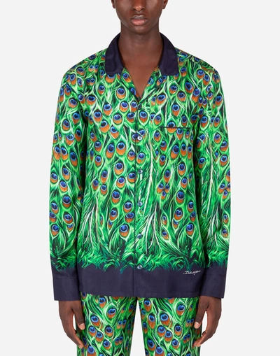Shop Dolce & Gabbana Silk Pajama Shirt With Peacock Print In Multicolor