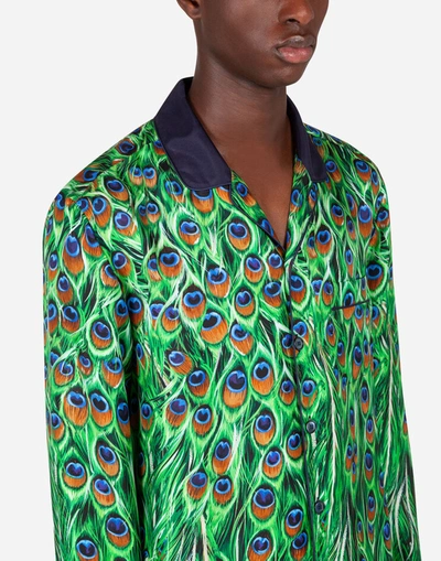 Shop Dolce & Gabbana Silk Pajama Shirt With Peacock Print In Multicolor