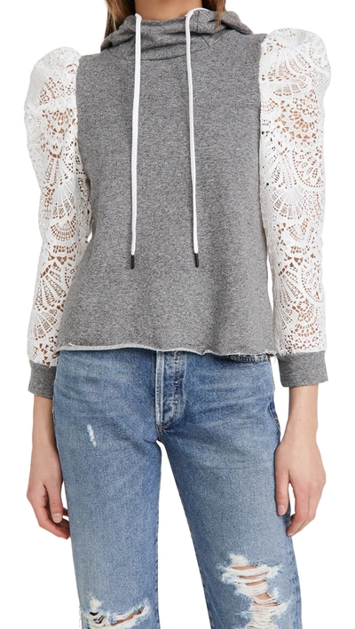 Shop Alice And Olivia Muffy Puff Sleeve Hoodie With Lace In Melange Grey