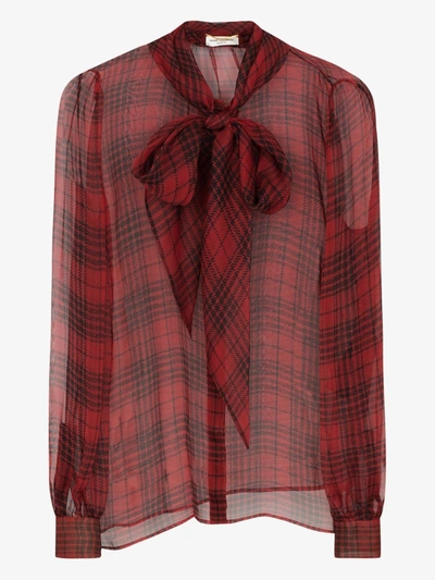 Shop Saint Laurent Checked Tie Neck Silk Blouse In Red