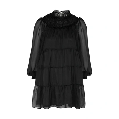 Shop Alice And Olivia Kellyann Black Tiered Silk-chiffon Mini Dress