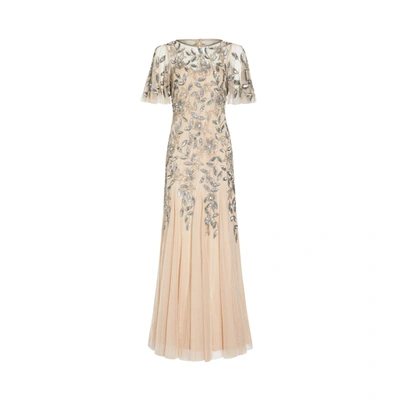 Shop Adrianna Papell Beaded Long Gown In Taupe/pink