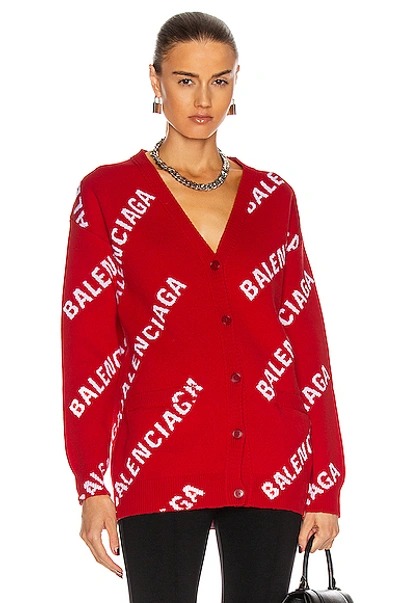 Shop Balenciaga Long Sleeve Logo Cardigan In Red & White