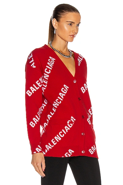 Shop Balenciaga Long Sleeve Logo Cardigan In Red & White