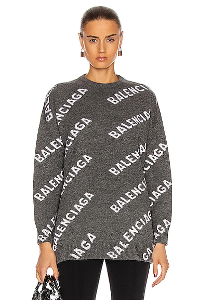 Balenciaga Logo Intarsia Wool-blend Knit Crewneck Sweater In Grey | ModeSens