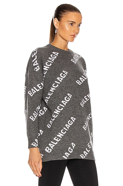 Shop Balenciaga Long Sleeve Logo Crew Neck Sweater In Dark Grey & White