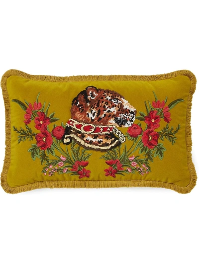 Shop Gucci Velvet Cushion With Leopard Embroidery In Green