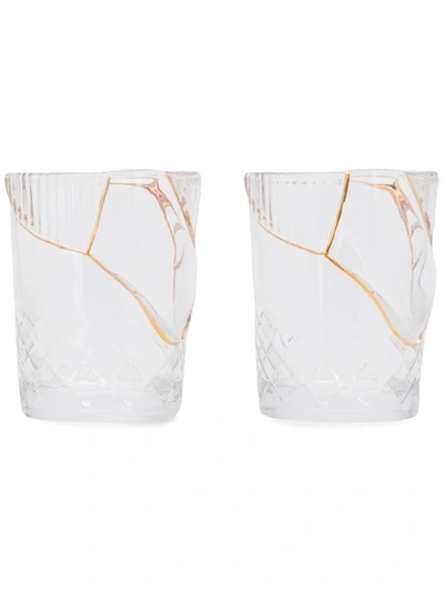 Seletti Set Of Two Gold-trimmed Cut Crystal Glasses In Gold
