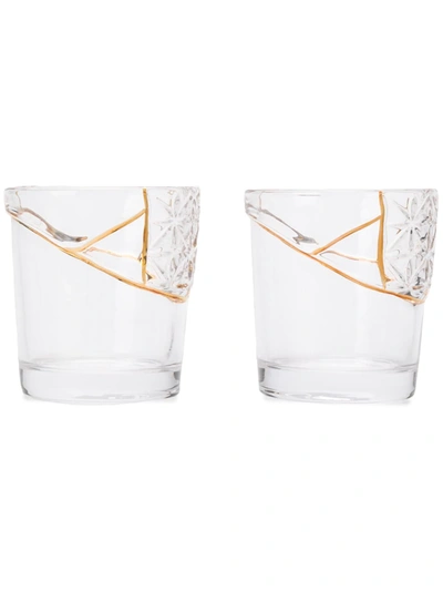 Seletti Set Of Two Gold-trimmed Cut Crystal Glasses In Gold
