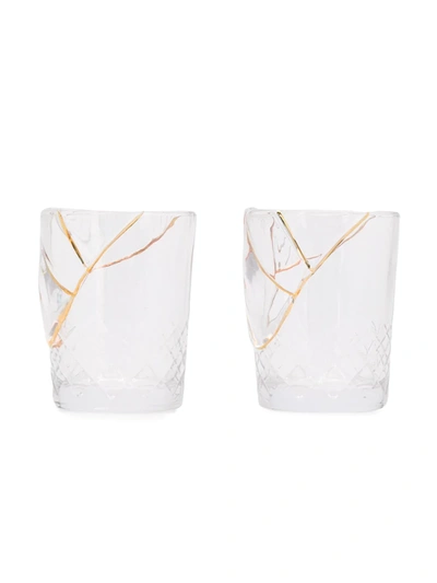 Seletti Set Of Two Gold-trimmed Cut Crystal Glasses In Gold