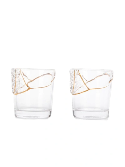 Shop Seletti Set Of Two Gold-trimmed Cut Crystal Glasses