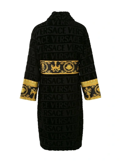 Shop Versace Home Barocco Trim Bathrobe In Black
