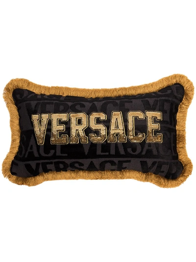 Shop Versace Sequinned Logo Cushion In Black