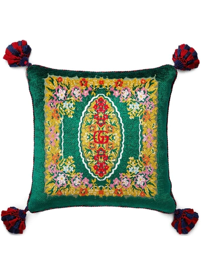 Shop Gucci Velvet Floral Jacquard Cushion In Green