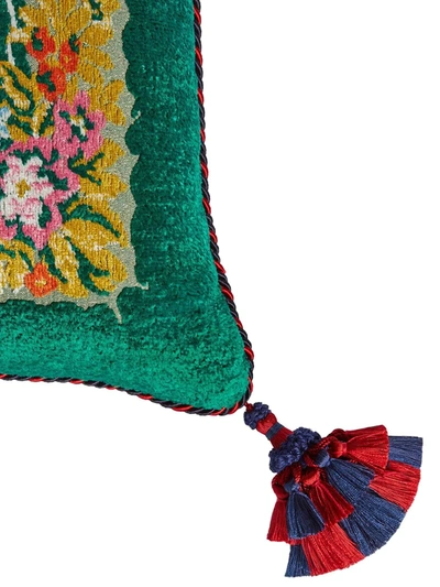 Shop Gucci Velvet Floral Jacquard Cushion In Green