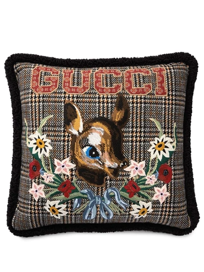 Shop Gucci Fawn Check Wool Cushion In Black