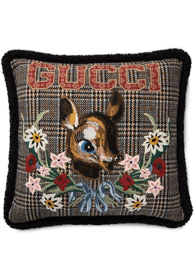 Shop Gucci Fawn Check Wool Cushion In Brown