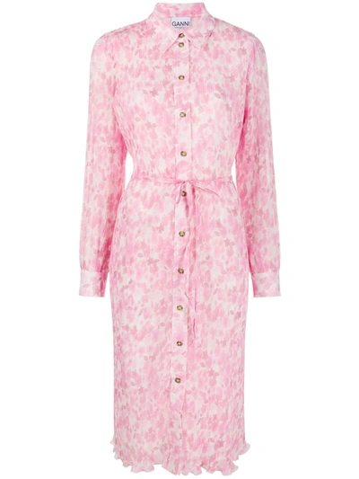 Shop Ganni Floral-print Pleated Shirt Dress In Pink
