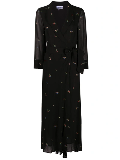 Shop Ganni Floral-print Wrap Maxi Dress In Black