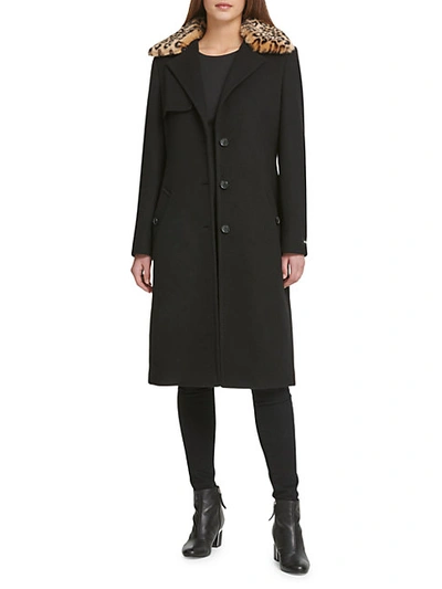 Shop Dkny Leopard Faux Fur & Wool-blend Coat In Black