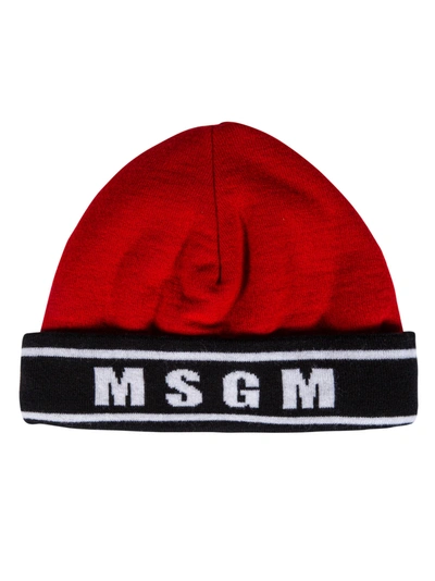 Shop Msgm Stripe Logo Detail Beanie In Red/black/white