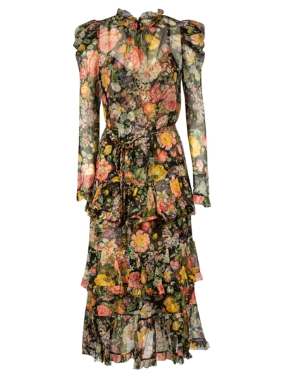 Shop Zimmermann Ladybeetle Draped Sleeve Dress In Midnight Floral