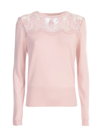 Shop Blumarine Laced Sweater L/s Crew Neck In Rosa