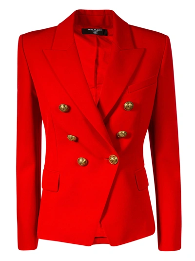 Shop Balmain Double-breasted Cropped Blazer In Scarlet