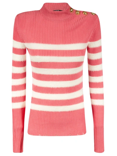 Shop Balmain Stripe Knit Sweater In Pink/white