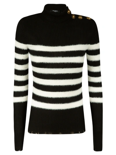 Shop Balmain Stripe Knit Sweater In Black/white