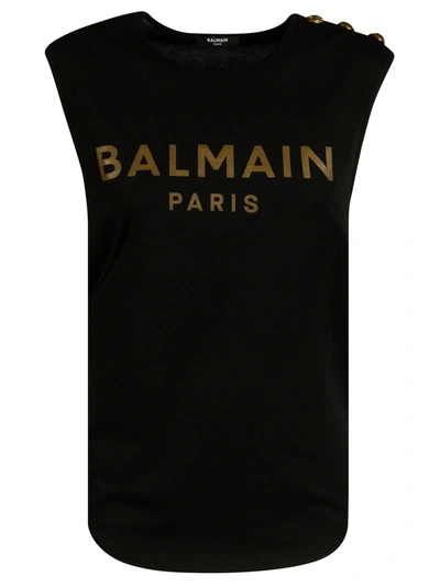 Shop Balmain Logo Shoulder Embellished Detail Tank Top In Black/brown