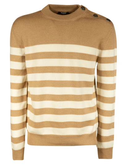Shop Balmain Stripe Knit Jumper In Brown/white