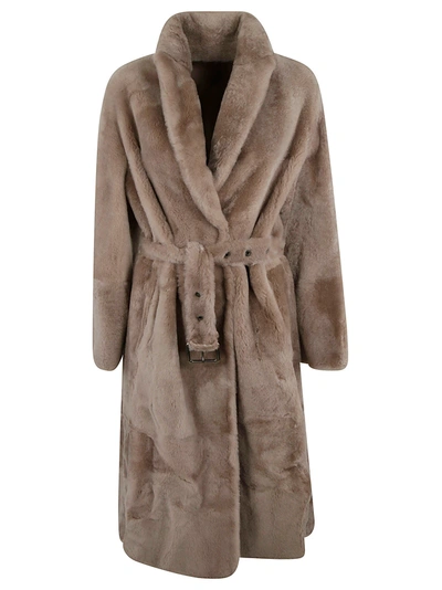 Shop Brunello Cucinelli Tie-waist Fur Coat In Taupe