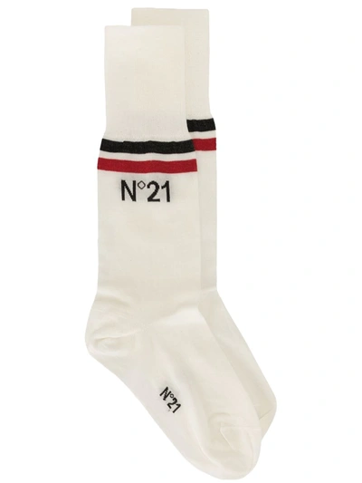 Shop N°21 Mid-calf Logo Print Socks In White