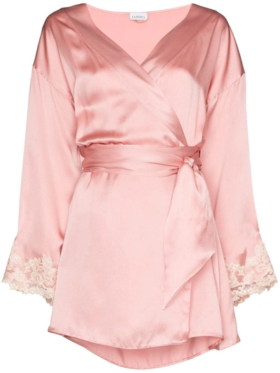 Shop La Perla Maison Lace-trimmed Silk-blend Robe In Pink