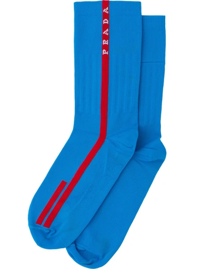 Shop Prada Linea Rossa Intarsia Logo Socks In Blue