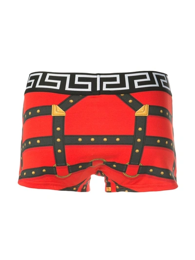 Shop Versace Harness Print Boxer Shorts In Red