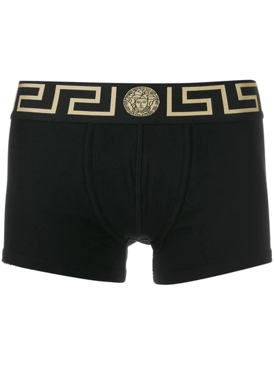 Versace Iconic Slim-fit Branded Stretch-cotton Trunks In Black