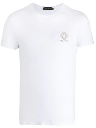 Versace White Crewneck T-shirt With Medusa Print On The Front In Cotton Stretch Man In White