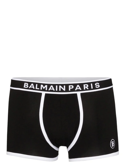 Shop Balmain Two-tone Logo-print Stretch-cotton Boxers In Black