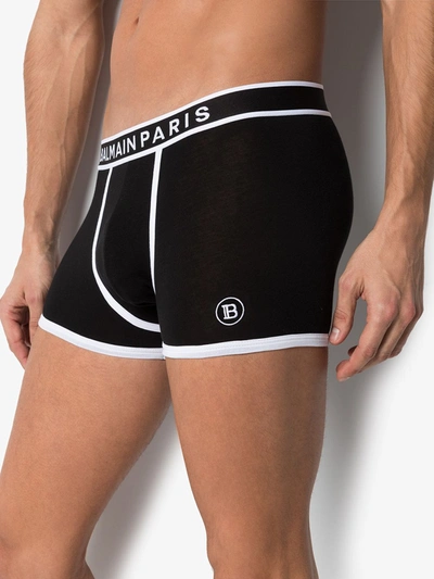 Shop Balmain Two-tone Logo-print Stretch-cotton Boxers In Black