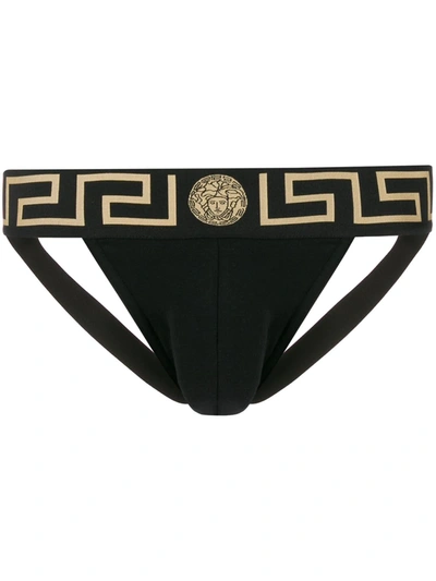 Shop Versace Greca Border Jockstrap In Black