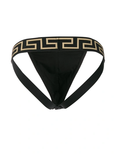 Versace Stretch Cotton Jock Strap With Medusa Greca Logo In Black