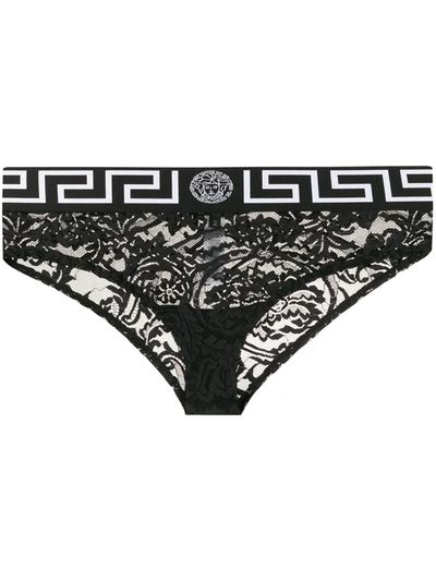 Shop Versace Lace Logo-embellished Briefs In Black