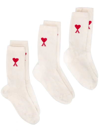 Shop Ami Alexandre Mattiussi Three Pack Of Logo Socks In White